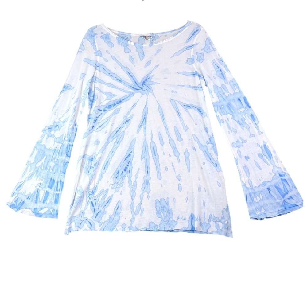 Hard Tail M Blue White Tie Dye Bell Sleeve Top Boho Sunburst Hippie Lightweight